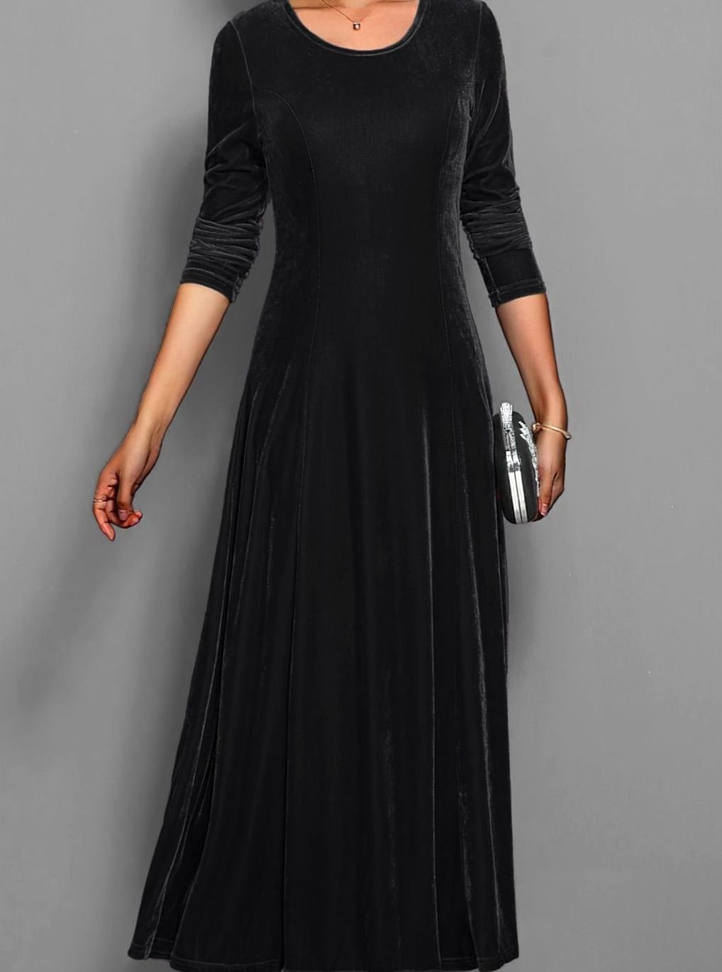 Women's Velvet Long-Sleeve A-Line Party Dress - Black