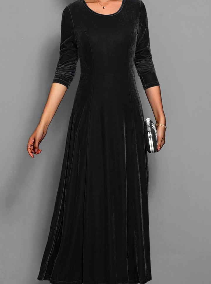 Women's Velvet Long-Sleeve A-Line Party Dress - Black