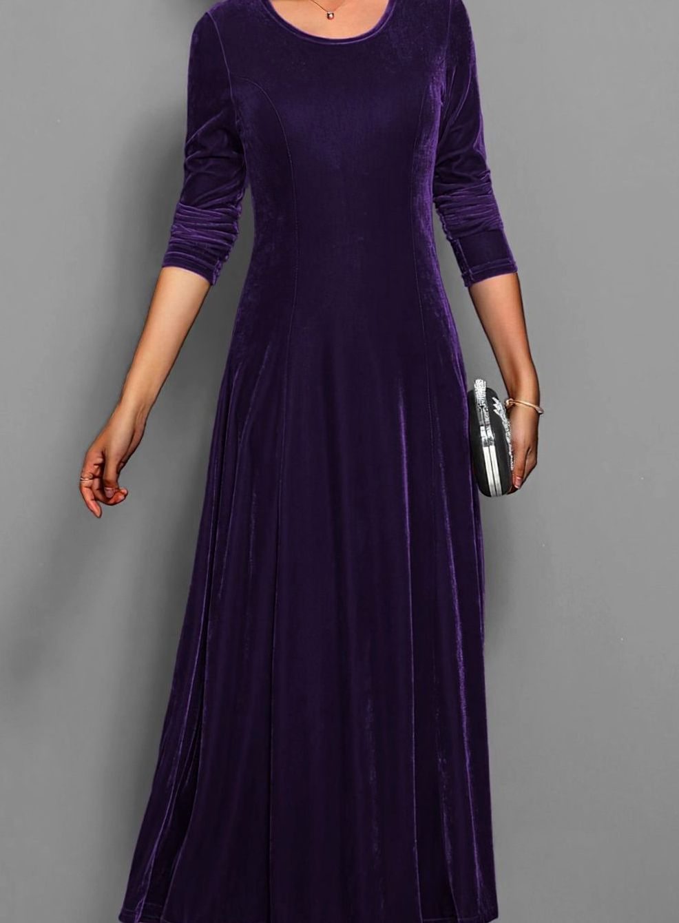 Women's Velvet Long-Sleeve A-Line Party Dress - Purple