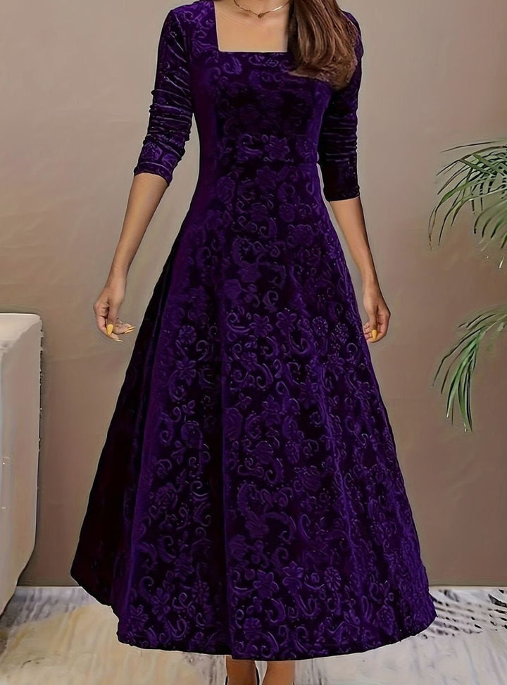 Women's Velvet Square-Neck Floral Embossed A-Line Party Dress - Purple