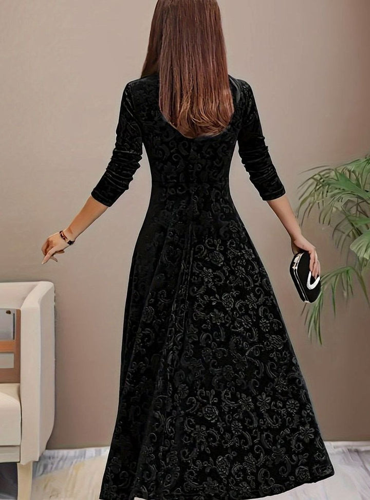 Women's Velvet Square-Neck Floral Embossed A-Line Party Dress
