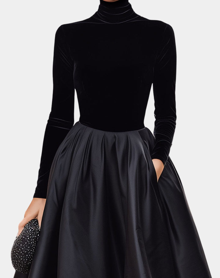 Women's Velvet Turtleneck Satin-Skirt Pleated Midi Dress