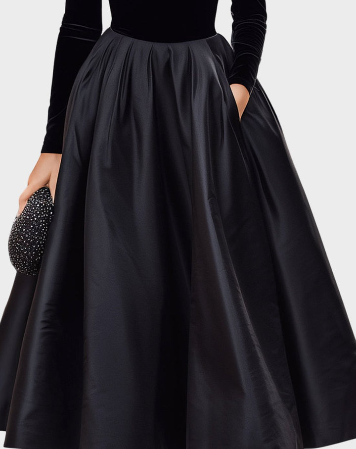 Women's Velvet Turtleneck Satin-Skirt Pleated Midi Dress