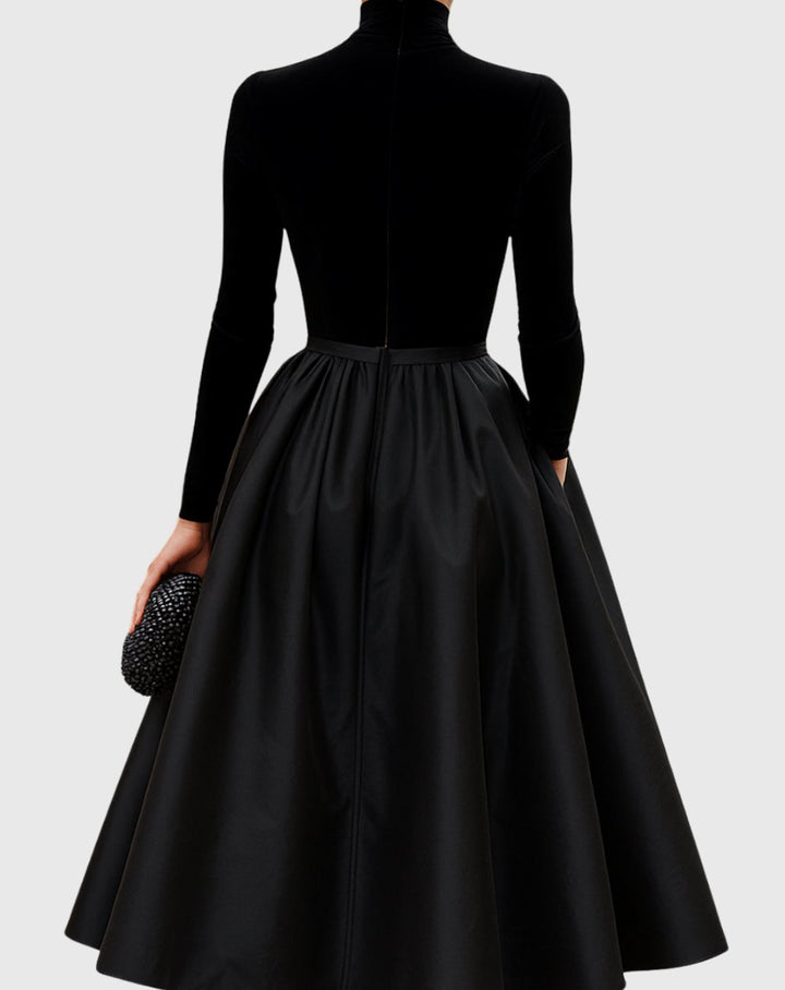 Women's Velvet Turtleneck Satin-Skirt Pleated Midi Dress