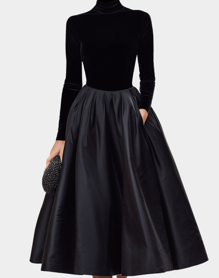 Women's Velvet Turtleneck Satin-Skirt Pleated Midi Dress