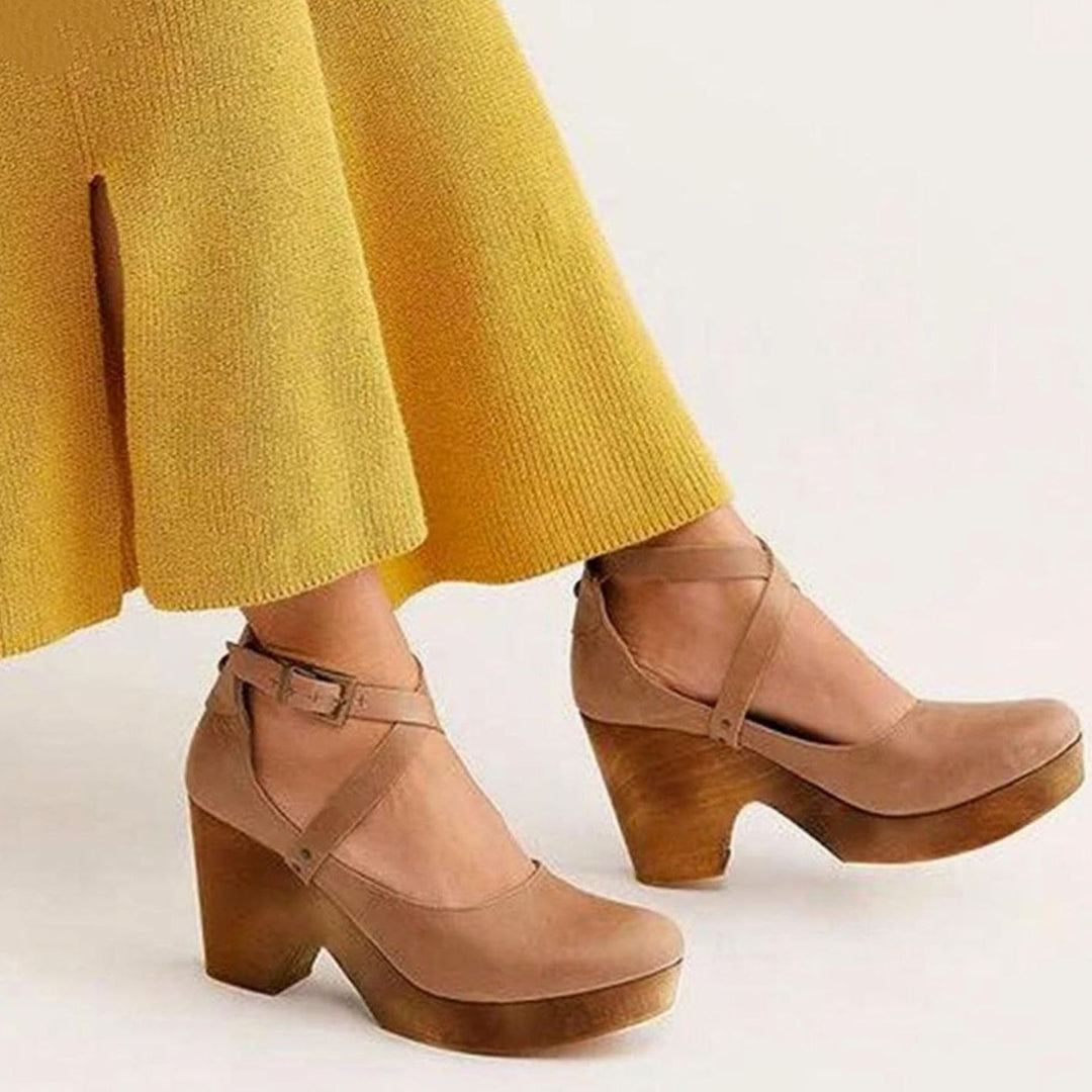 Women's Vintage Cross-Strap Block Heel Mary Jane Pumps - Khaki