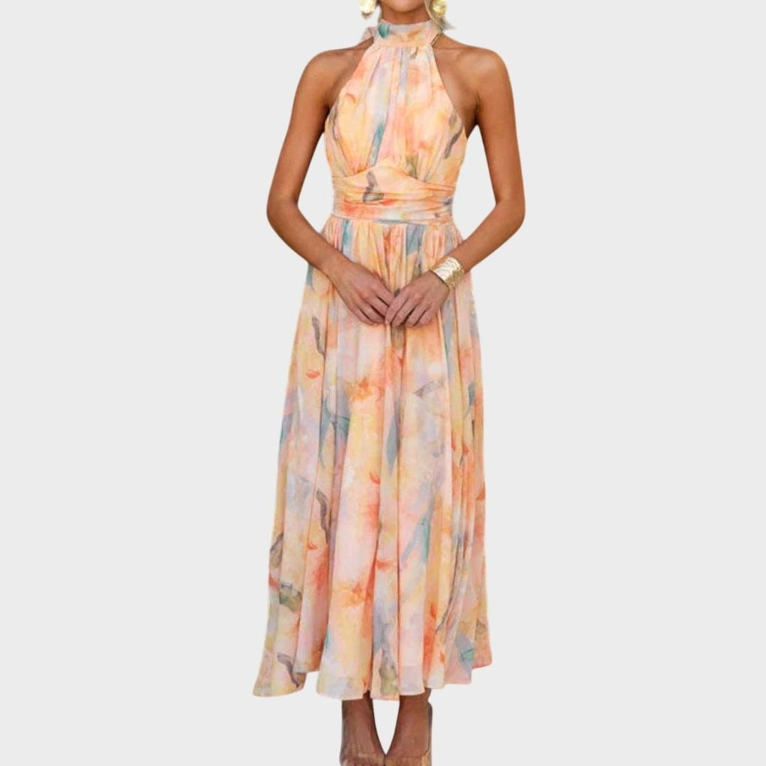Women's Watercolor Halter-Neck Open-Back Flowing Maxi Dress - Premium