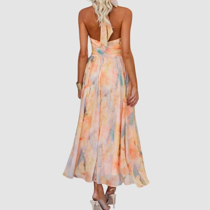 Women's Watercolor Halter-Neck Open-Back Flowing Maxi Dress