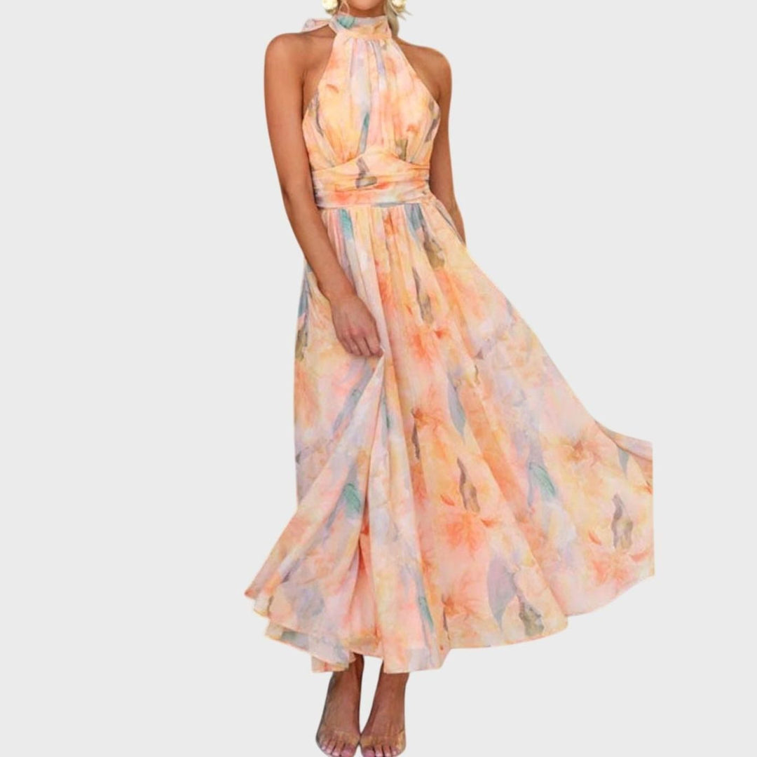 Women's Watercolor Halter-Neck Open-Back Flowing Maxi Dress