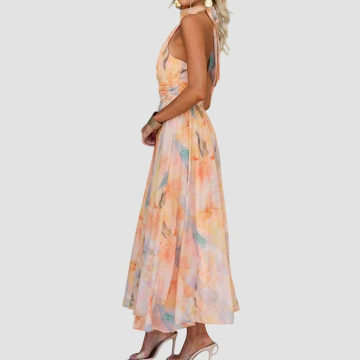 Women's Watercolor Halter-Neck Open-Back Flowing Maxi Dress