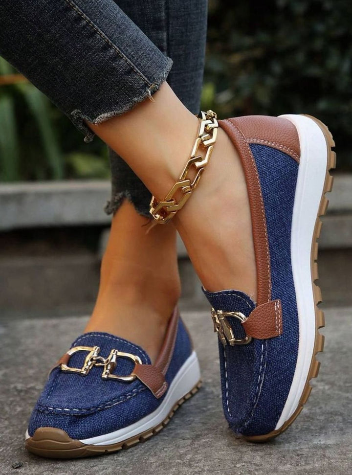 Women's Wide-Fit Orthopedic Loafers Gold-Buckle Non-Slip Rubber Sole