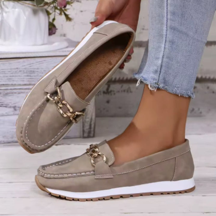 Women's Wide-Fit Orthopedic Loafers Gold-Buckle Non-Slip Rubber Sole - Grey