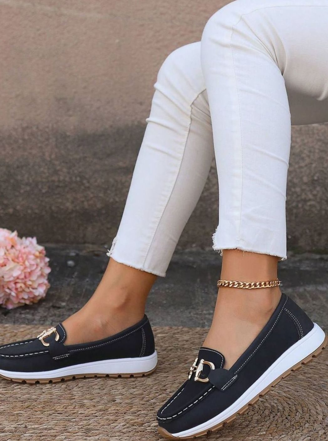 Women's Wide-Fit Orthopedic Loafers Gold-Buckle Non-Slip Rubber Sole