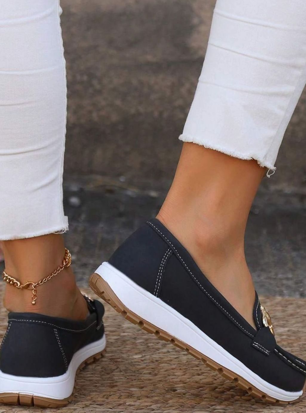 Women's Wide-Fit Orthopedic Loafers Gold-Buckle Non-Slip Rubber Sole