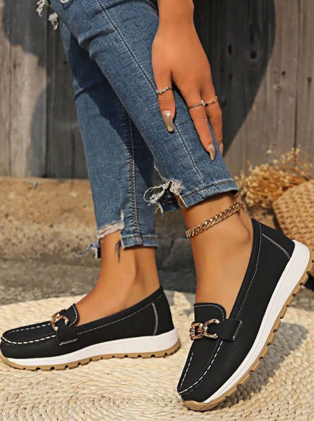 Women's Wide-Fit Orthopedic Loafers Gold-Buckle Non-Slip Rubber Sole