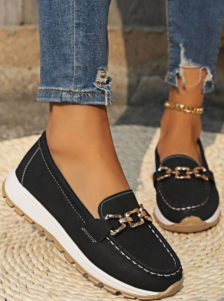 Women's Wide-Fit Orthopedic Loafers Gold-Buckle Non-Slip Rubber Sole