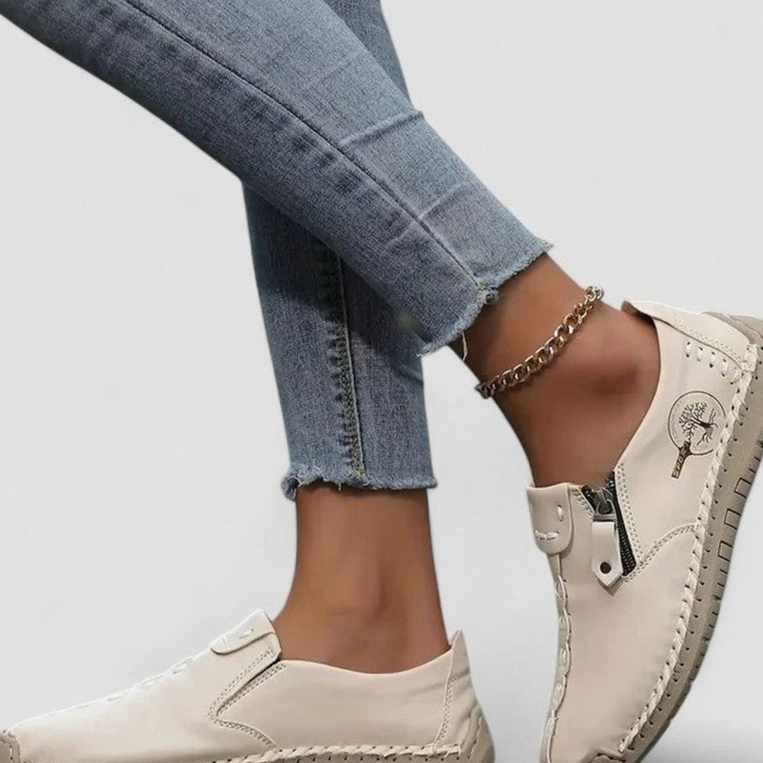 Women's Wide Toe Box Cushioned Insole Zip Loafers - Beige