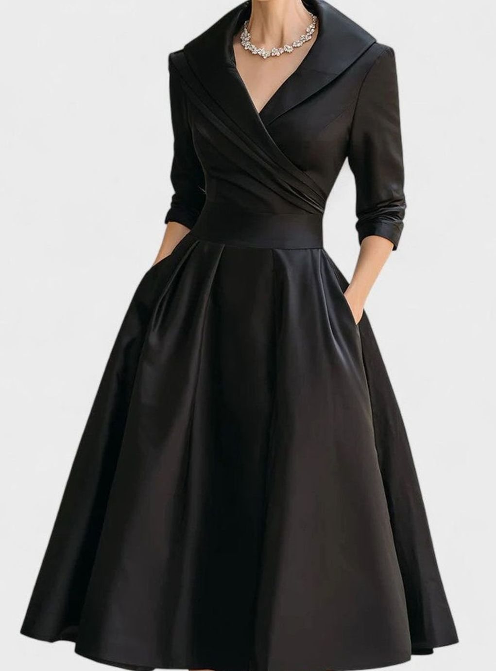 Women's Wrap-Front Satin A-Line Midi Dress Pockets - Black