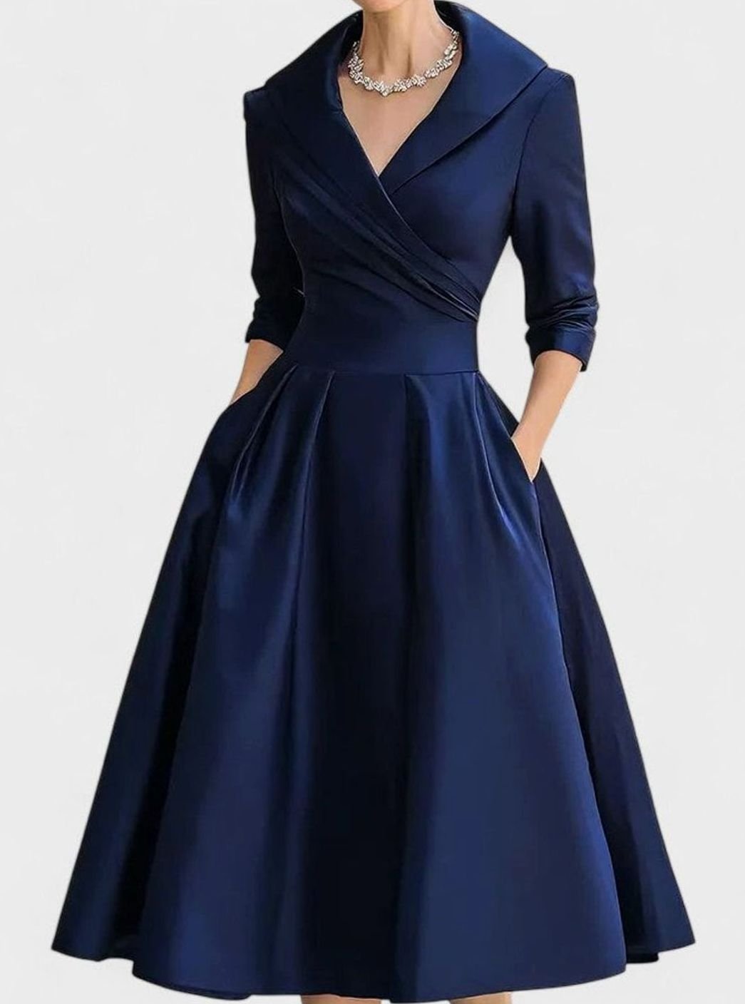 Women's Wrap-Front Satin A-Line Midi Dress Pockets - Navy