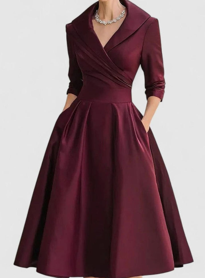 Women's Wrap-Front Satin A-Line Midi Dress Pockets - Burgundy