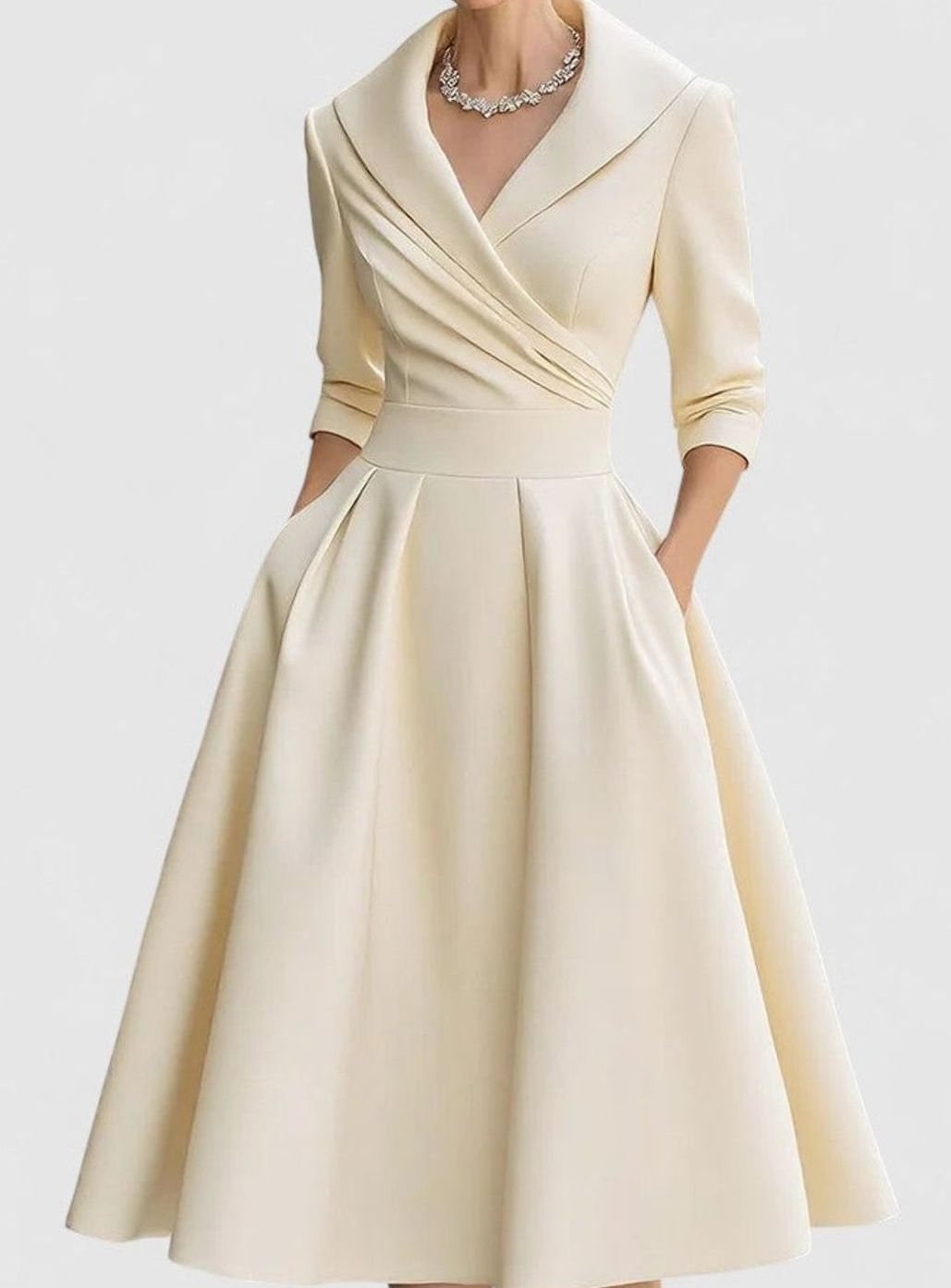 Women's Wrap-Front Satin A-Line Midi Dress Pockets - Beige