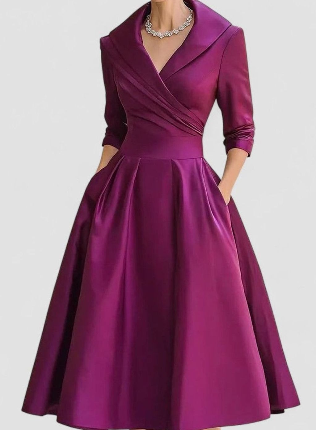 Women's Wrap-Front Satin A-Line Midi Dress Pockets - Purple